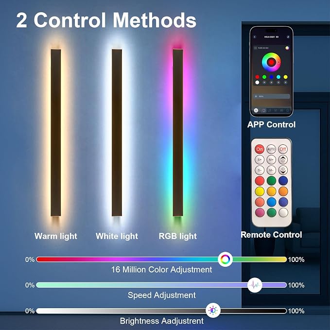 Modern Outdoor RGB Wall Lights, 59 Inch RGB Dimmable Long wall Light, Ip65 Waterproof Black Linear Exterior Wall Sconce with Remote and APP Control for House, Garage, Porch