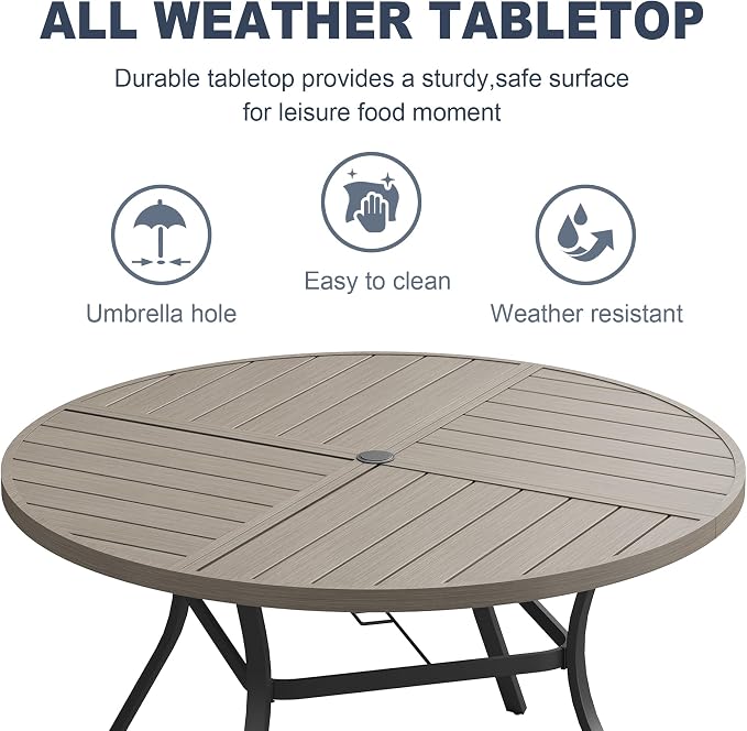 VICLLAX Patio 7 Pieces Outdoor Dining Set, 53" Round Metal Table with Umbrella Hole and 6 Swivel Textilene Chairs for Lawn, Garden, Porch, Grey