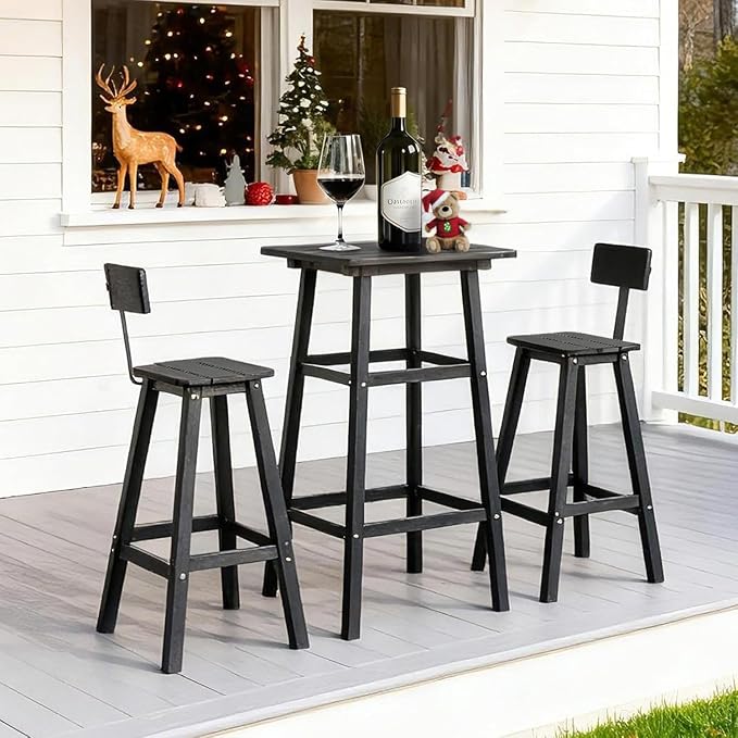 Bar Height Chairs Set of 2, HDPE Bar Height Outdoor Chairs, Weather Resistance Tall Adirondack Chairs Set of 2, Cafes, Swimming Areas, Patio, Garden and Kitchen Island, Black