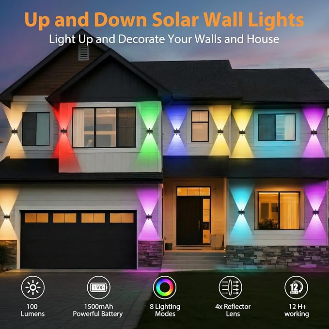 8PACK Solar Sconce Lights Outdoor,8 Lighting Modes Up and Down Solar Wall Lights Dusk to Dawn Lighting IP65 Waterproof Solar Lights Outdoor for House Exterior Front Porch Garage Fence Patio Yard