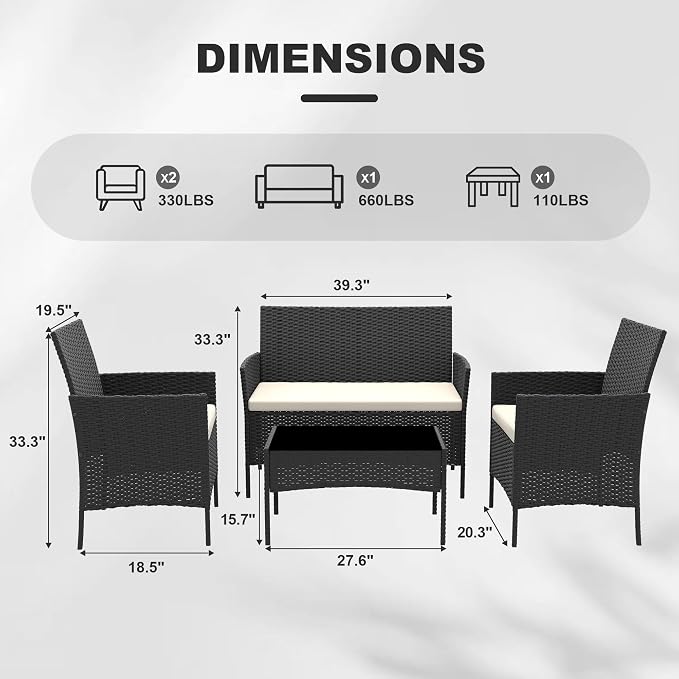 4-Piece Outdoor Patio Furniture Set, Wicker Furniture with Coffee Table, Modern Porch Chairs Conversation Set, Weather-Resistant, Outdoor Indoor Use Backyard Porch Garden Poolside Balcony, Black&Beige