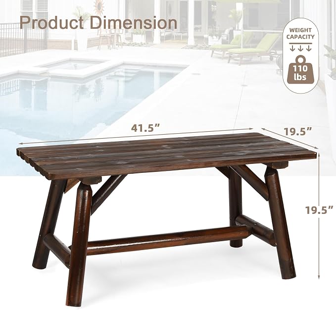 Outdoor Coffee Table, Thick Wooden Patio Adirondack Log Coffee Table with Slatted Tabletop, Wood Rustic Rectangle Center Table for Deck, Garden, Balcony, Indoor or Outdoor Use, Carbonized