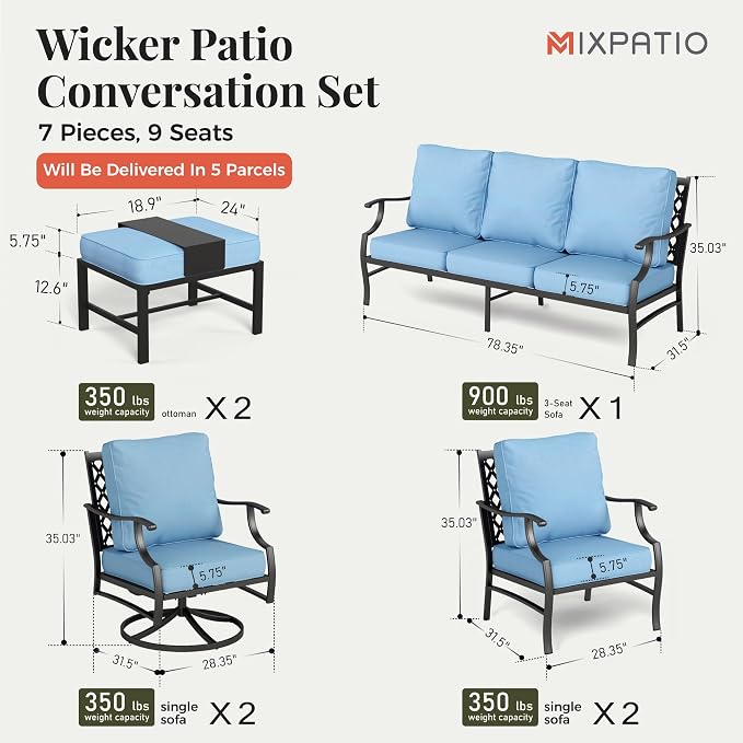 MIXPATIO Patio Furniture Set 7 pcs, Outdoor Patio Furniture, 3-Seat Sofa, 2 Single Chairs, 2 Swivel Chairs, 2 Ottomans and 5.75" Extra Thick Cushion, Patio Conversation Set for Backyard Deck,Blue