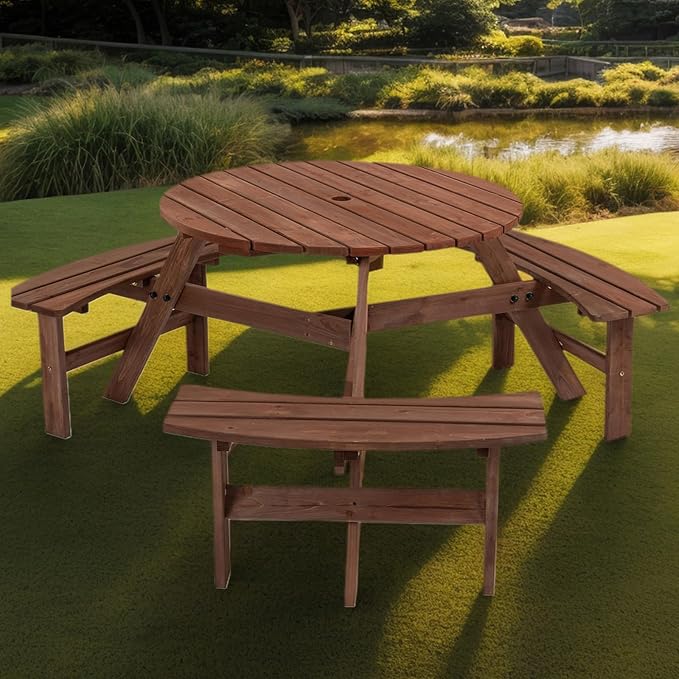 HRVEOCEI 8-Person Round Picnic Table with 4 Built-in Benches & Umbrella Hole, Wooden Picnic Tables for Outdoors, Patio, Backyard, Garden, 66.92"X66.92"X27.55, 2220lb Capacity (Round, Brown, 6-Person)