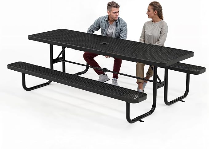 Commercial Heavy-Duty Metal Picnic Table - ADA Compliant, Adjustable Seats, Umbrella Hole, Expanded Metal (Black, 8' Rectangular)