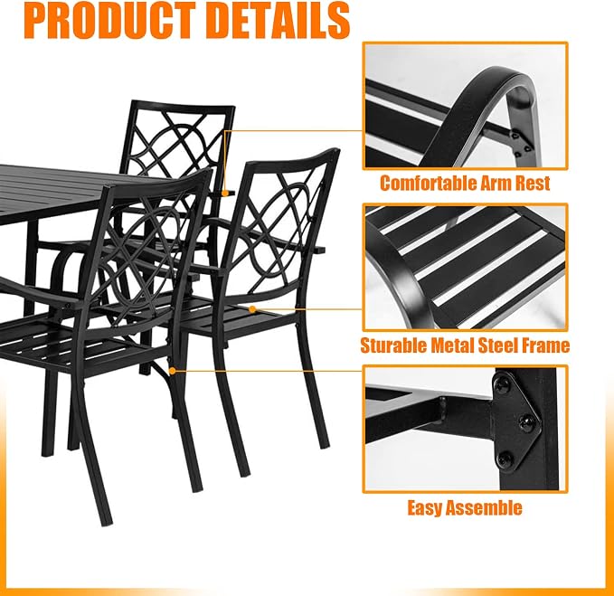 Crownland 7 PCS Furniture Patio Dining Set, 6 Stackable Metal Chairs, and Rectangular Outdoor Dining Table with Khaki 9FT Round Outdoor Umbrella (Metal Tabletop)