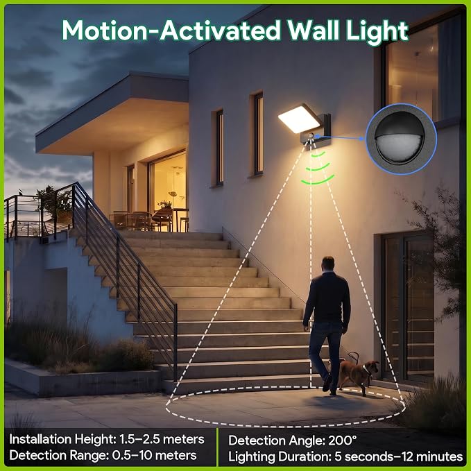 2-Pack Motion Sensor Outdoor Porch Lights Dusk to Dawn Wall Mount | 3 operating modes, IP65 waterproof aluminum construction, 3000K warm glow LED, 350° rotation