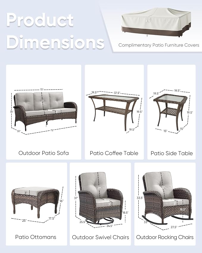 10-Piece Patio Furniture Set-Patio Rocking Chairs Set of 4 Outdoor Rattan Sofa Sets with Coffee Table Outdoor Patio Furniture Sets for Deck Porch Garden Balcony Poolside-Brown/Beige