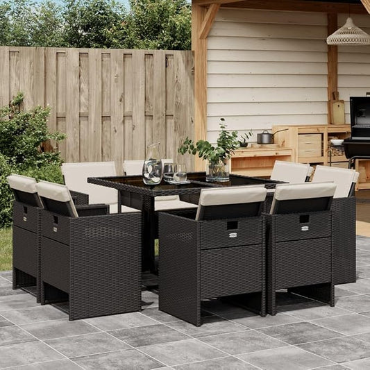 9-Piece Patio Dining Set with Cream Cushions Black PE Rattan Outdoor Furniture Set for Backyard Balcony Porch