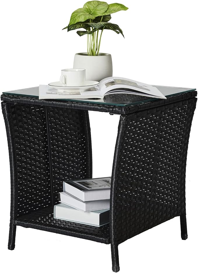 HomVent Patio Wicker Rattan Side Table, Outdoor Square Tempered Glass Top Rattan Coffee Table End Table Furniture with Storage for Patio Courtyard Balcony (Black)