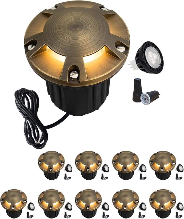MALORY Brass Top Cover Landscape Well Lights, 12V Low Voltage Outdoor In Ground Lights,Landscape Lighting for Pathway, Driveway, Garden (Five-Direction Turret, 10-Pack with Bulb)