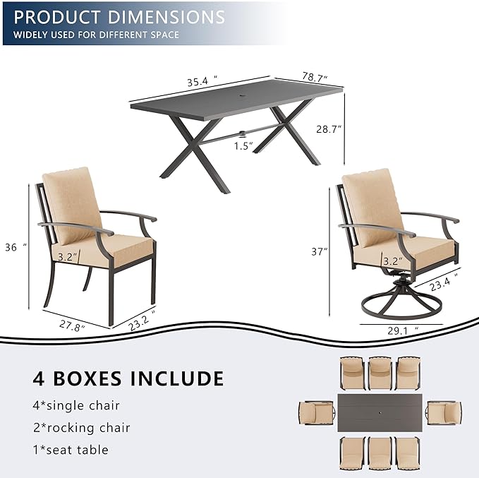 7 Piece Outdoor Dining Set for 6, Metal Patio Table and Chairs with Cushions, Patio Furniture Set with 2 Swivel Chairs, Rectangular Patio Dining Table with Umbrella Hole, Lawn Deck, Yard-Sand
