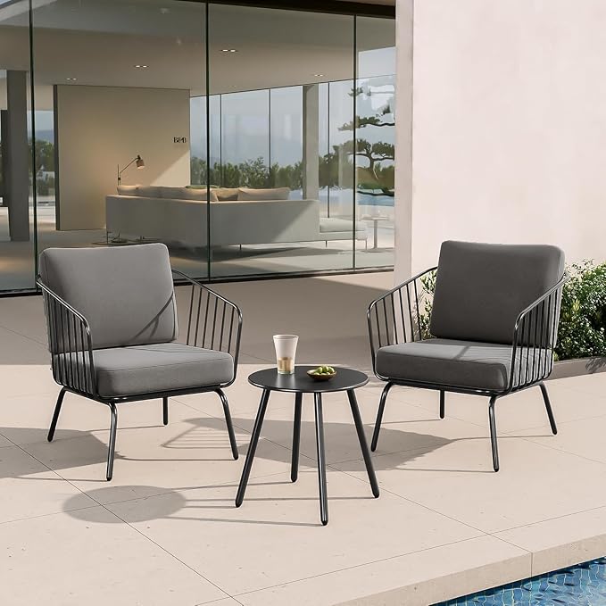 East Oak 3-Piece Plaza Patio Furniture Set, Outdoor Furniture with Thick Cushion Sofa and Coffee Table, Outdoor Bistro Set for 2, Modern Patio Conversation Set for Balcony, Black & Grey