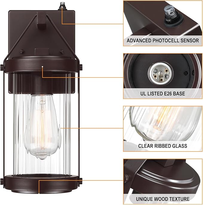 Dusk Dawn Sensor Outdoor Wall Sconce Brown Exterior Porch Lantern | Rustic Outside Garage Light Fixtures Wall Mount for House Patio Front Door