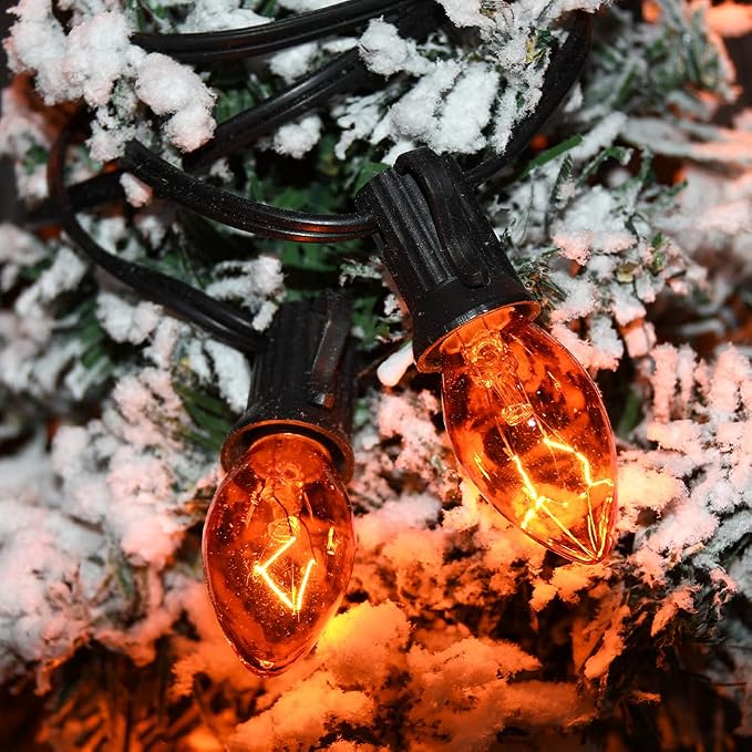 GOOTHY Halloween Orange String Lights Outdoor, 25Ft C7 Halloween Decorations Lights with 27 Clear Orange Bulbs (2 Spare), Waterproof Vintage Christmas Lights for Patio Party Holiday Garden- Black