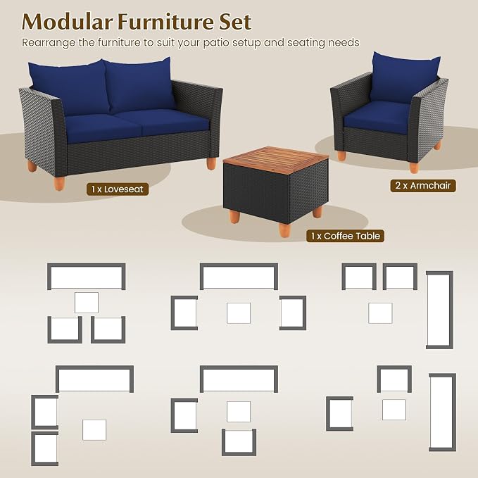 HAPPYGRILL 4 Pieces Wicker Patio Conversation Set, PE Rattan Chair & Ottoman Set with Removable Cushions, Storage Coffee Table, Outdoor Furniture Set for Garden Backyard Poolside (Navy)