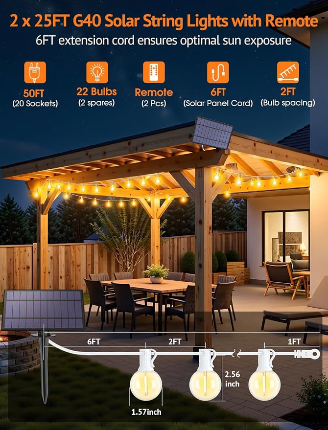 50FT(2x25FT) Solar String Lights with Remote, 20+2 G40 Bulbs, White | Solar Powered, Dusk to Dawn, Dimmable, Timer, Memory Function, LED Globe Hanging Lights for Wedding Party Cafe Decor