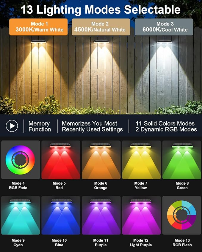 Solar Fence Lights Outdoor,3000/4500/6000K/RGB 13 Mode 8PACK Fence Lights Solar Powered High Brightness LED Lens IP65 Waterproof Solar Wall Light for Outside/Patio/Step/Backyard/Railing/Pool/Deck