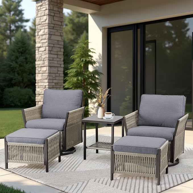 Patio Furniture Set Outdoor/Indoor, Wicker Patio Sofa, 5pcs Furniture Set with Swivel Rocker Chairs, Side Table, and Ottomans for Backyard, Garden, Poolside(Grey)