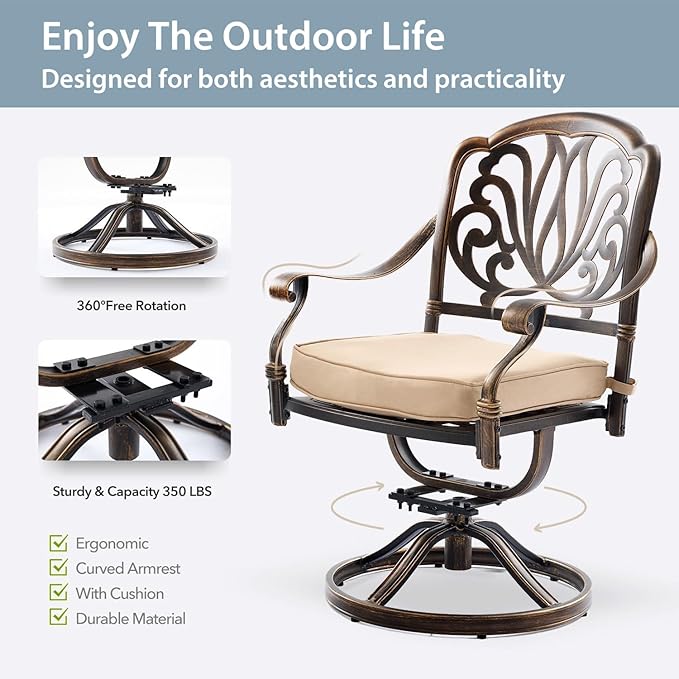 7-Pcs Cast Aluminum Patio Dining Set with 6 Swivel Chairs,Bronze | Outdoor Furniture Set Include 54" Round Dining Table and 6 Swivel Chairs with Cushions & Umbrella Hole