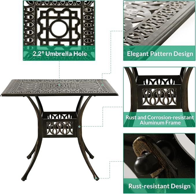 VIVIJASON 5-Piece Outdoor Patio Dining Set, All-Weather Cast Aluminum Conversation Set, Patio Furniture Set for Balcony Lawn Garden, Include 4 Swivel Cushioned Chairs, 1 Square Table w/Umbrella Hole