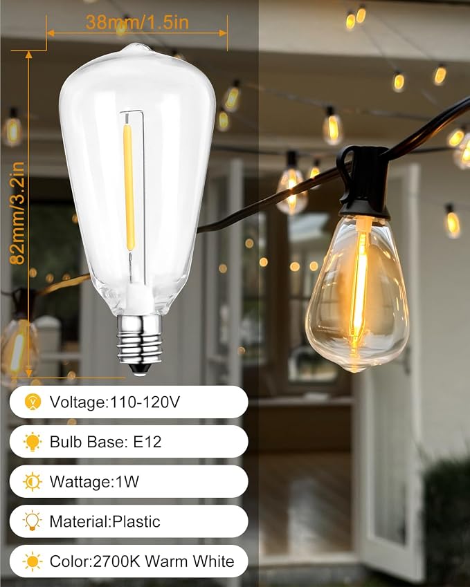 10FT Outdoor String Lights with 10 Bulbs,ST38 1W Plastic LED Bulbs | Shatterproof and Waterproof Edison Bulb String Lights, Perfect for Bistro, Pergola, Backyard and Garden