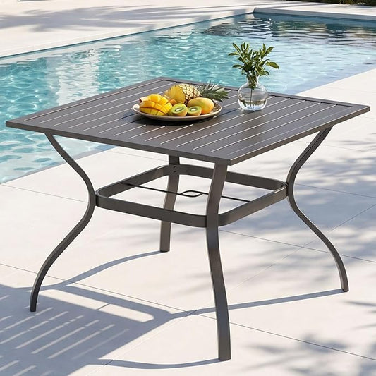 PHI VILLA 37 Inch Outdoor Dining Table Metal Steel Slat Square Patio Dining Table with 1.57" Umbrella Hole for Garden, Backyard and Porch (Classic Black)