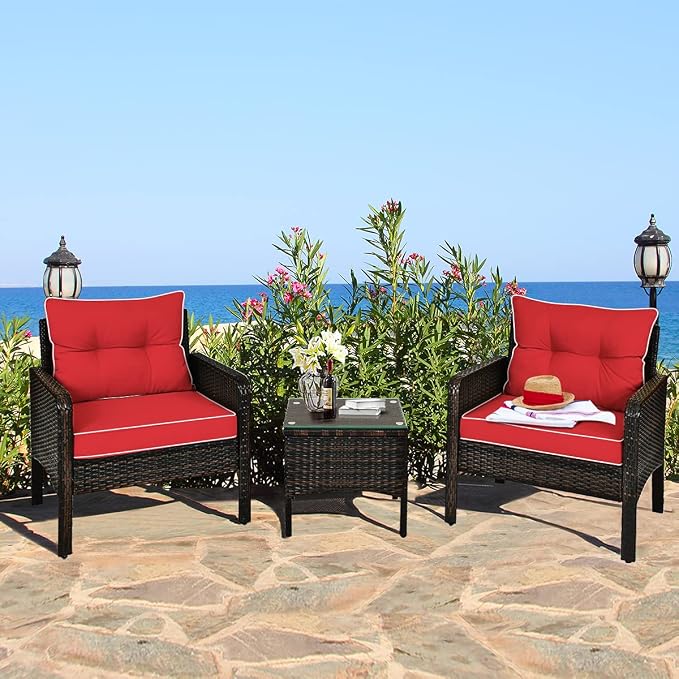 DORTALA Small Patio Furniture Set 3 Piece, Wicker Outdoor Table and Chairs Set with Cushions, All Weather Rattan Conversation Bistro Set for Balcony, Porch, Backyard, Deck, Red