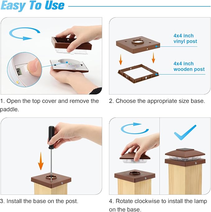VOLISUN 4x4 Solar Post Cap Light 8pack,Solar Fence - Post Lights Brown Outdoor Waterproof for Wooden/Vinyl Post, with Warm White for Deck