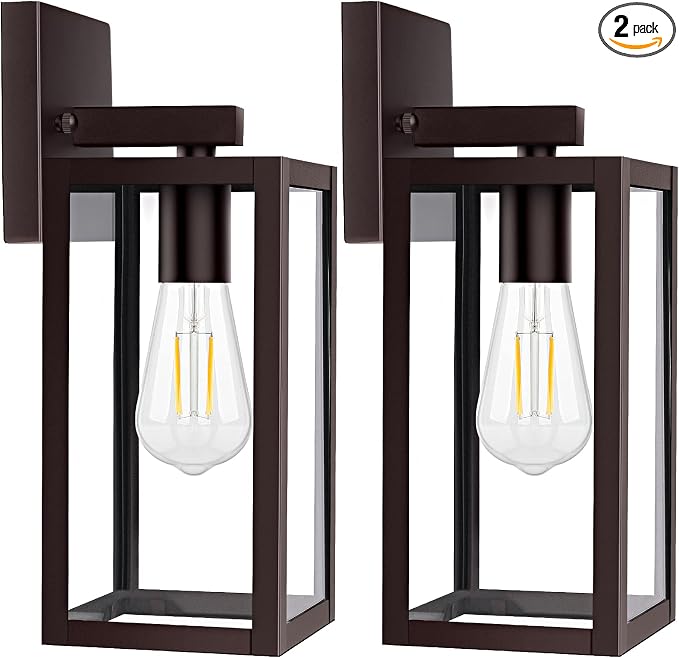 2-Pack Outdoor Wall Light Fixtures, Brown Waterproof Anti-Rust Exterior Wall Sconce Lantern with Clear Glass, Modern Outside Front Porch Lights for House Garage Doorway, Bulbs Not Included