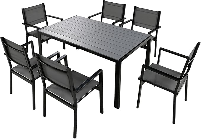 U-Style Steel Outdoor Table and Chair Set, 7 Piece Patio Dining Set for 6, Rectangular Balcony Table and Chairs, Suitable for Patio, Courtyard, Garden (Gray)
