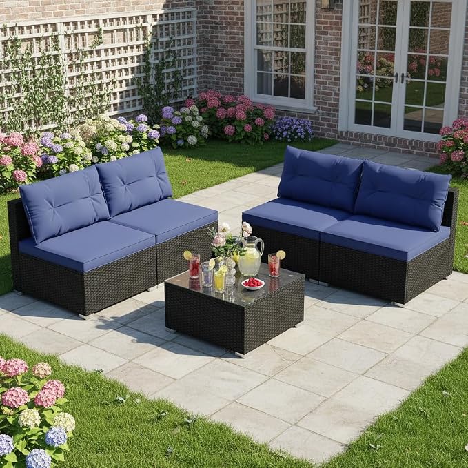 Tangkula 5 Piece Rattan Sofa Set, Outdoor Wicker Furniture Set w/Seat & Back Cushions, Square Coffee Table, Patio Sectional Sofa Set for Backyard, Poolside, Garden (Navy)