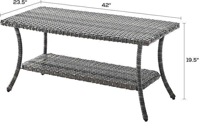 Rilyson Patio Tables Outdoor Coffee Table - Wicker Rattan Coffee Tables with 2-Tier Storage Shelf Side Table for Porch Deck Balcony Garden Outside Rectangle Mixed Grey