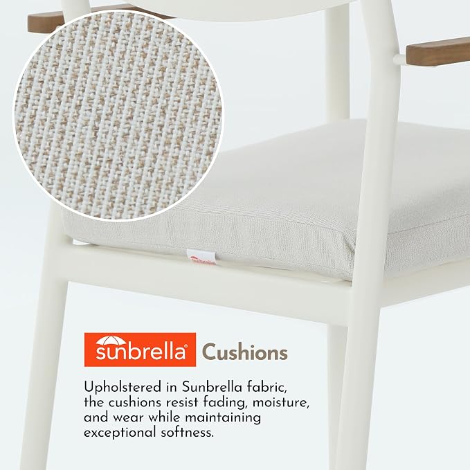 Modern Shade Lusso Outdoor Dining Chairs Set of 4, Fade Resistant, All-Aluminum Outdoor Chairs with FSC Teak Wood Armrests, Weather-Resistant Patio Chair with Quick Dry Cushion, White