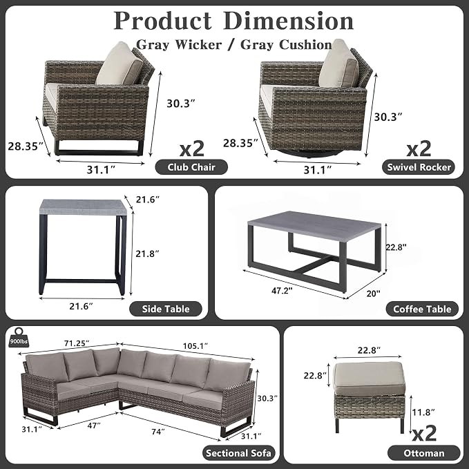 Belord Outdoor Sectional Furniture with Swivel Rocker Chair, 10 Pieces Wicker Patio Furniture Sets with Ottoman L Shaped Sofa Coffee Table Beige Cushion