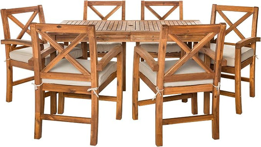 Walker Edison Delray Classic 7 Piece Acacia Wood Outdoor Dining Set with X Back Chairs, Set of 7, Brown