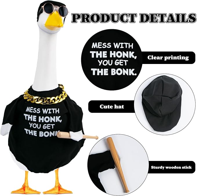 CAMDUCK 4 Pcs Porch Goose Outfit Glasses Gold Chain Mess with The Honk You Get The Bonk Warning Porch Sign Baseball Goose Clothes with Wood Bat for Cement Goose Statue Garden Lawn Outdoor Decor
