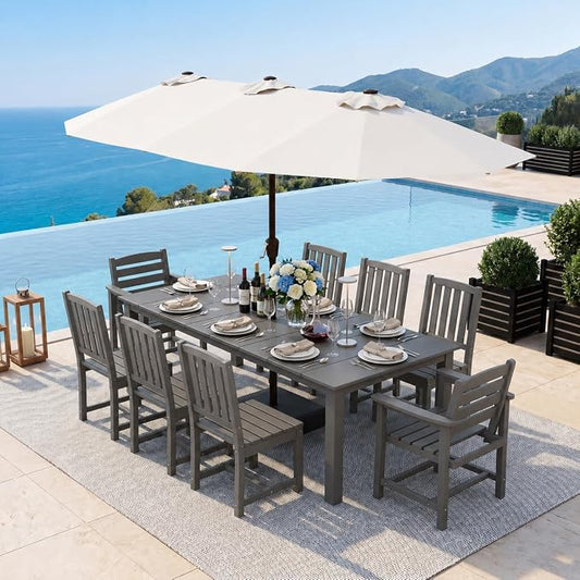 9-Piece Outdoor Dining Set with 15FT Umbrella for 8,Gray | 75.2'' HDPE table, chairs included, weather-resistant furniture with hole, ideal for lawn, poolside, yard, garden, deck