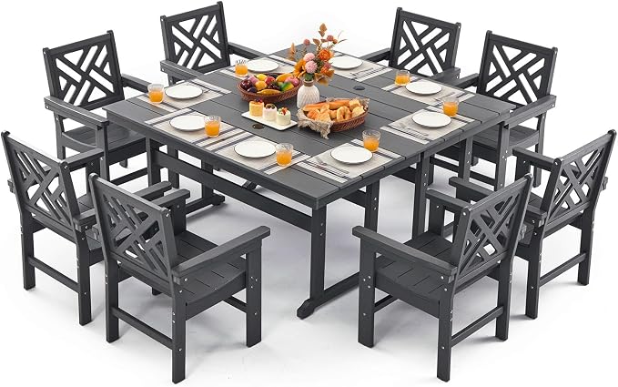 10 Piece HDPE Outdoor Dining Set for 8, Patio HDPE Furniture Set with 2 Table and Umbrella Hole, Outdoor Table and Chairs for Garden, Poolside, Backyard, Deck