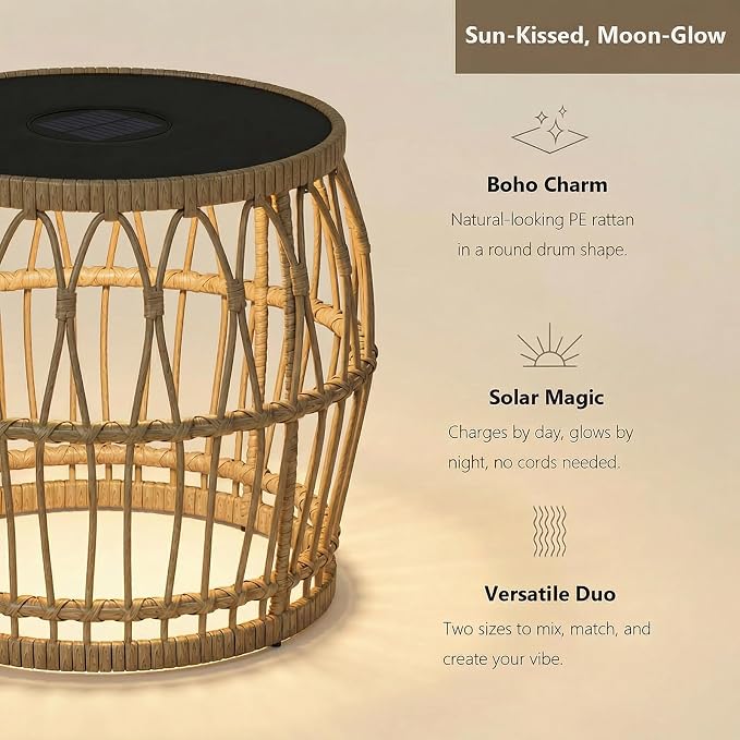 Solar Outdoor Side Table Set of 2, Boho Nesting Tables with Integrated Lighting, Round Rattan Coffee Tables for Patio, Balcony, Poolside & Porch
