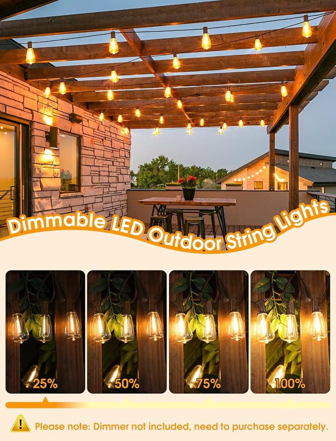 25FT Outdoor String Lights, Patio Lights with 10+1 LED Dimmable Waterproof Shatterproof Linkable ST38 Bulbs for Fence Porch Gazebo, Brown
