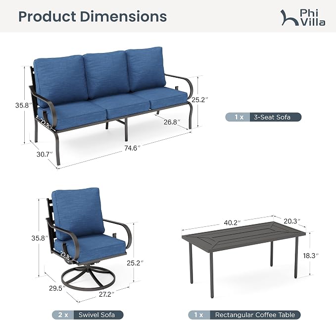 PHI VILLA Patio Furniture Set, 3-Seater Sofa, 2 Swivel Chairs and a Coffee Table, Outdoor Metal Conversation Set with 5.75" Extra Thick Cushion for Garden Backyard Deck, Navy