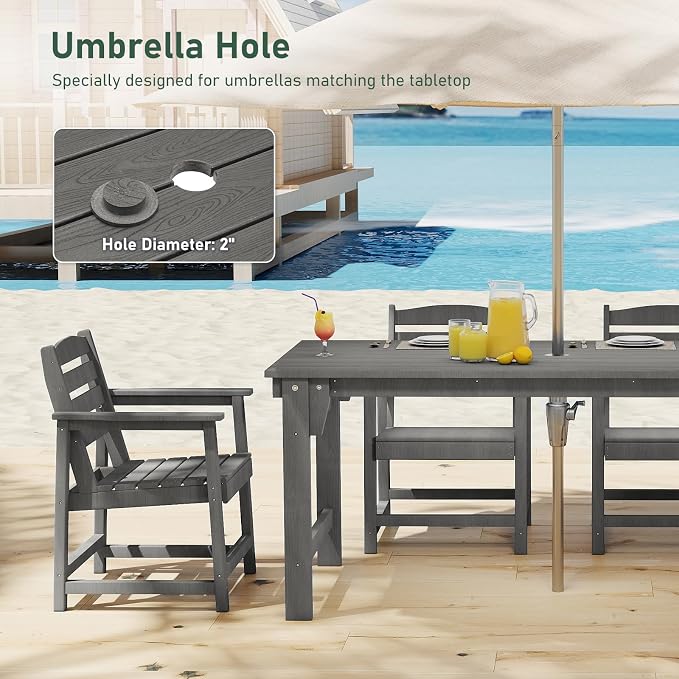 Furnimart Outdoor Dining Table for 4-6 Person, 67" HDPE All-Weather Dining Table with Umbrella Hole, Oversized Patio Dining Set, Outdoor Furniture for Backyard, Garden, Lawn & Poolside, Rectangle Grey
