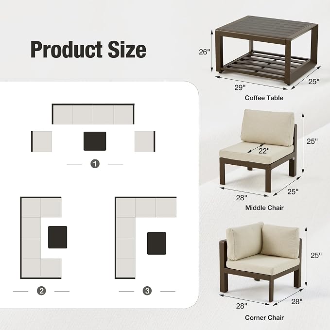 7 Pcs Metal Aluminum Patio Furniture Set Adjustable Corner Sofa with Coffee Table Outdoor Luxury Conversation Sofa Set