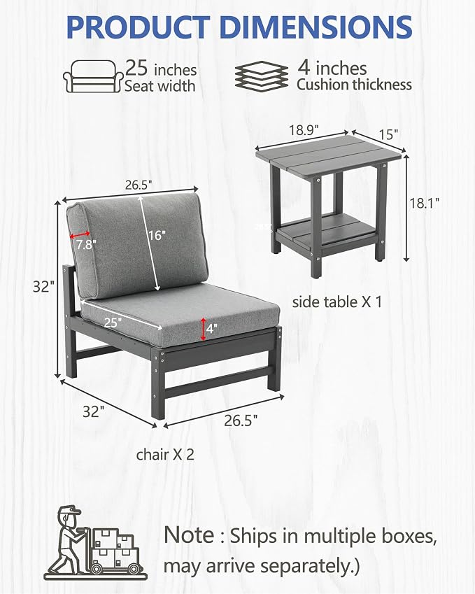 HDPE Outdoor Patio Chair Set with Cushions, 3-Piece Armless Chair Conversation Set with 2 Weatherproof Armless Chairs and Side Table, All-Weather Waterproof Outdoor Seating for Porch, Balcony & Garden