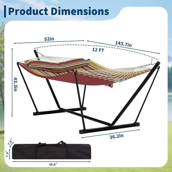 Double Hammocks with Stand for Outside, Heavy Duty Portable Outdoor Hammock with Carrying Bag & Soft Pillow & Paded, 450 LBS Weight Capacity, Perfect for Outdoor Indoor Patio Backyard Garden