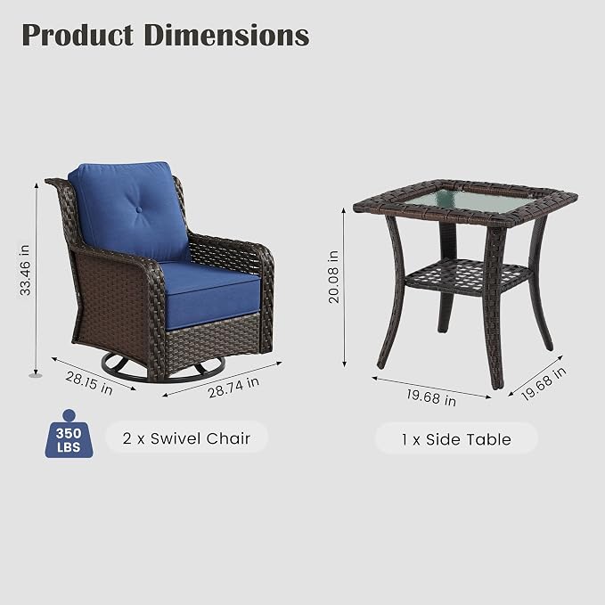 Sundale Outdoor 3 Piece Patio Furniture Set with Side Table, Wicker Outdoor Swivel Chairs with 6" Cushions, High Back Rattan Patio Conversation Sets with Deep Seating for Porch, Yard (Blue)