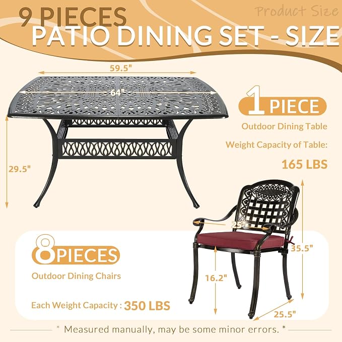 9 Piece Outdoor Patio Dining Set for 8, Cast Aluminium Large Square Dining Table & 8 Cushioned Stackable Chairs, Umbrella Hole, Patio Furniture Set for Garden Porch Poolside, Chili Red