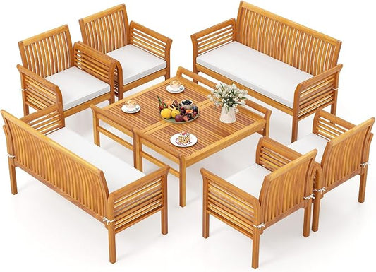 HAPPYGRILL 8 Pieces Acacia Wood Patio Conversation Set, Outdoor Wood Furniture Set with Seat Cushions, Wicker Sofa Chairs & Coffee Table for Garden Poolside Deck (2)