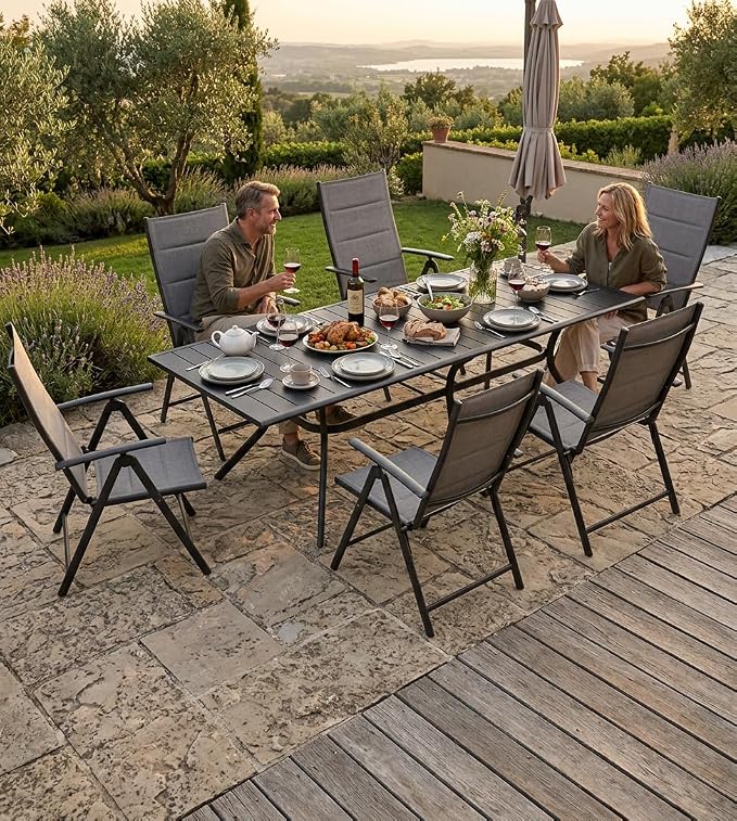 PURPLE LEAF Outdoor Dining Set for 6 Folding Patio Dining Set with Aluminum Rectangular Table and Padded Chairs All Weather Dining Table Sets for Garden Backyard Poolside, Grey